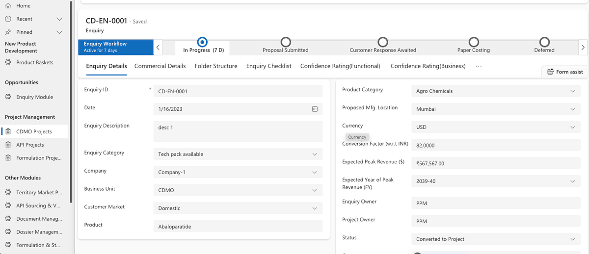 PMSoft CDMO Enquiry workflow screen showing enquiry status, product category, and expected peak revenue