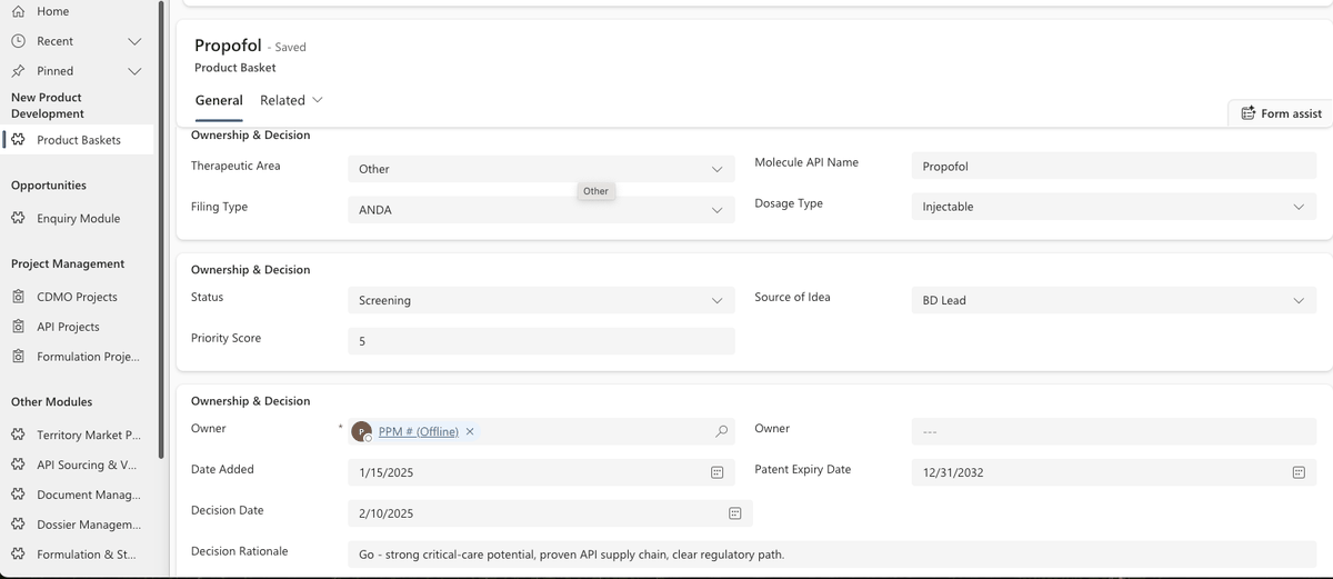 PMSoft Product Basket screen showing molecule Propofol with therapeutic area, filing type, and decision rationale